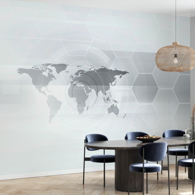 Wallpaper Hexagon World Map cu harta lumii intr-un design geometric minimalist, decor modern