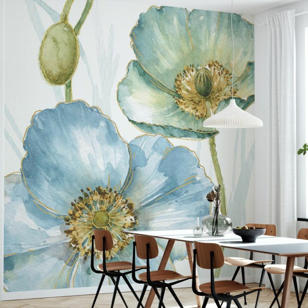 Tapet modern cu maci albastri, perfect pentru a aduce un aer de serenitate și eleganță în casa ta.