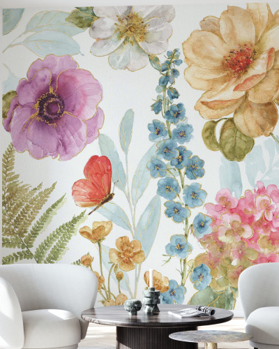 Tapet floral cu flori acuarela si accente aurii