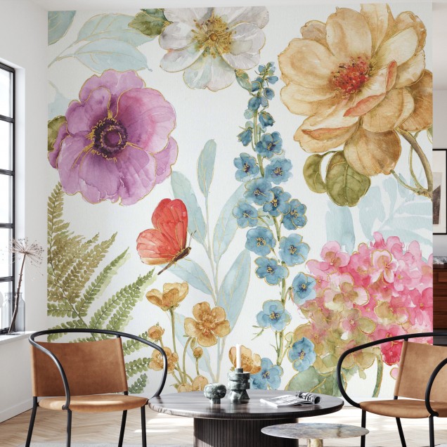 Tapet floral cu flori acuarela si accente aurii
