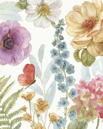 Tapet floral cu flori acuarela si accente aurii