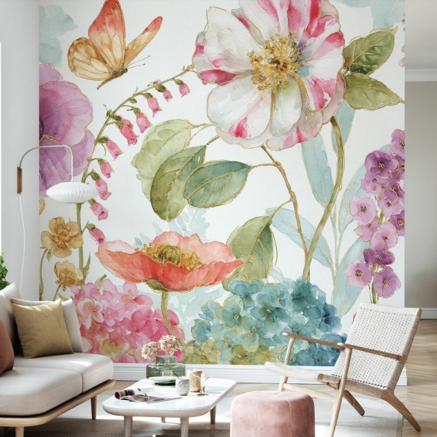 Tapet floral Garden Delight 2 cu flori delicate și accente de aur