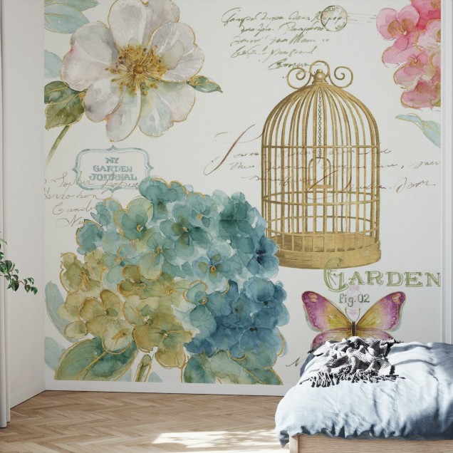Tapet floral cu hortensie si colivie de pasari