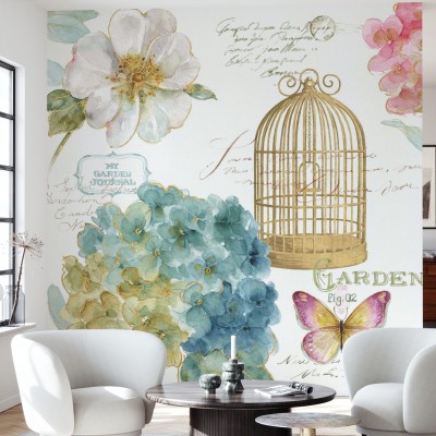 Tapet floral cu hortensie si colivie de pasari
