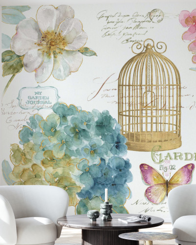 Tapet floral cu hortensie si colivie de pasari