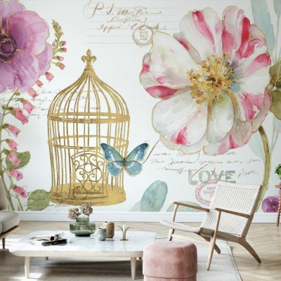 Tapet Rainbow Seeds Birdcage cu flori delicate, o colivă aurie și un fluture