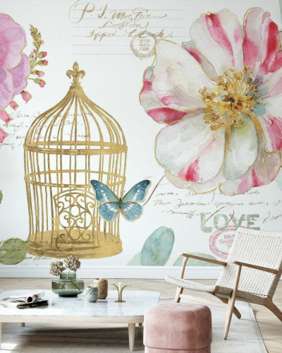 Tapet Rainbow Seeds Birdcage cu flori delicate, o colivă aurie și un fluture