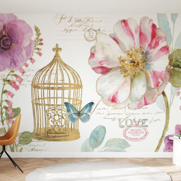 Tapet Rainbow Seeds Birdcage cu flori delicate, o colivă aurie și un fluture