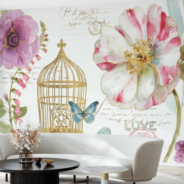 Tapet Rainbow Seeds Birdcage cu flori delicate, o colivă aurie și un fluture