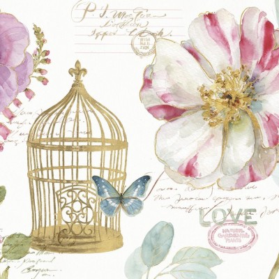 Tapet Rainbow Seeds Birdcage cu flori delicate, o colivă aurie și un fluture