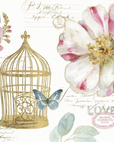 Tapet Rainbow Seeds Birdcage cu flori delicate, o colivă aurie și un fluture