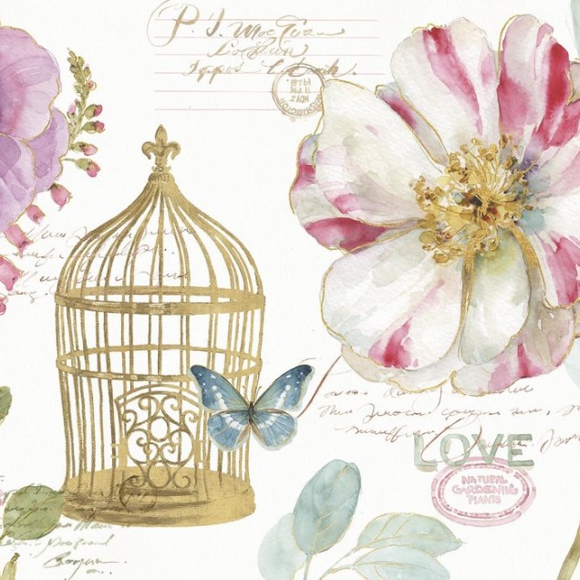 Tapet Rainbow Seeds Birdcage cu flori delicate, o colivă aurie și un fluture