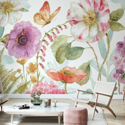 Tapet floral cu flori colorate si fluturi.
