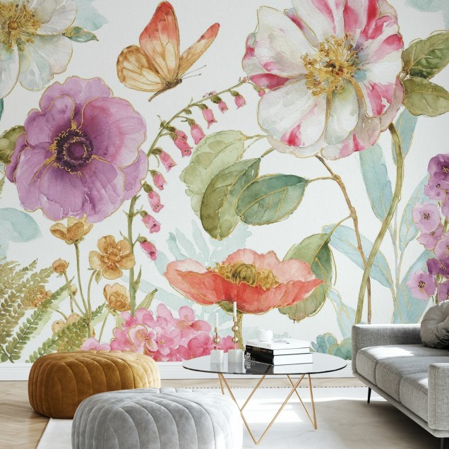 Tapet floral cu flori colorate si fluturi.