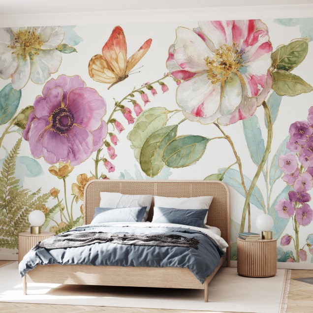 Tapet floral cu flori colorate si fluturi.