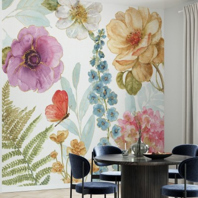 Tapet floral cu flori delicate, frunze verzi și un fluture vibrant, Rainbow Seeds Flowers 3.