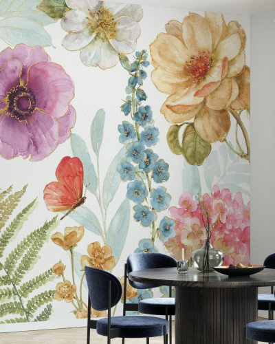 Tapet floral cu flori delicate, frunze verzi și un fluture vibrant, Rainbow Seeds Flowers 3.