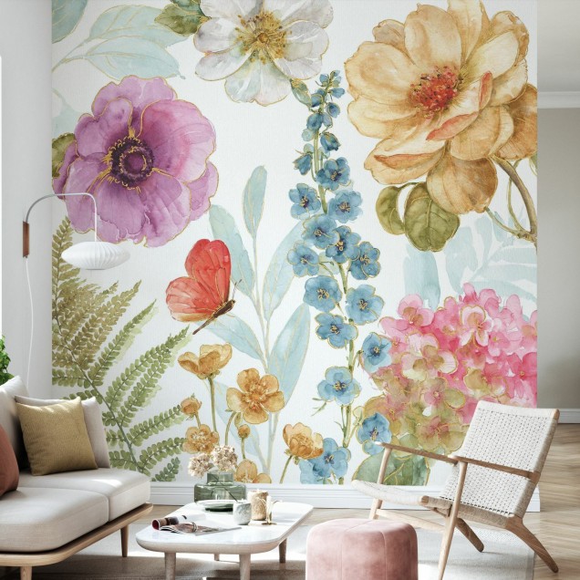 Tapet floral cu flori delicate, frunze verzi și un fluture vibrant, Rainbow Seeds Flowers 3.