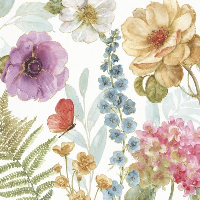 Tapet floral cu flori delicate, frunze verzi și un fluture vibrant, Rainbow Seeds Flowers 3.