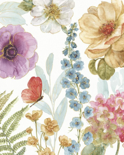 Tapet floral cu flori delicate, frunze verzi și un fluture vibrant, Rainbow Seeds Flowers 3.