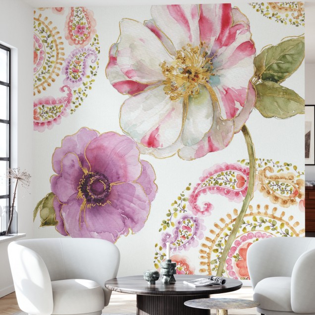 Tapet floral cu flori paisley roz, mov si auriu.