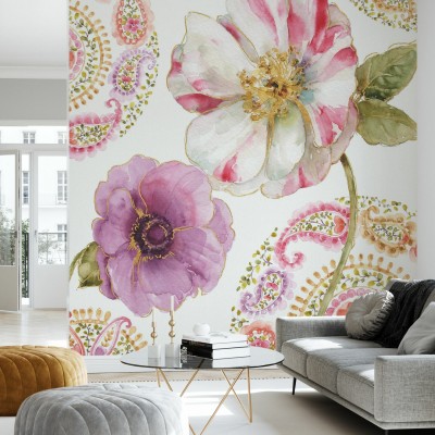 Tapet floral cu flori paisley roz, mov si auriu.