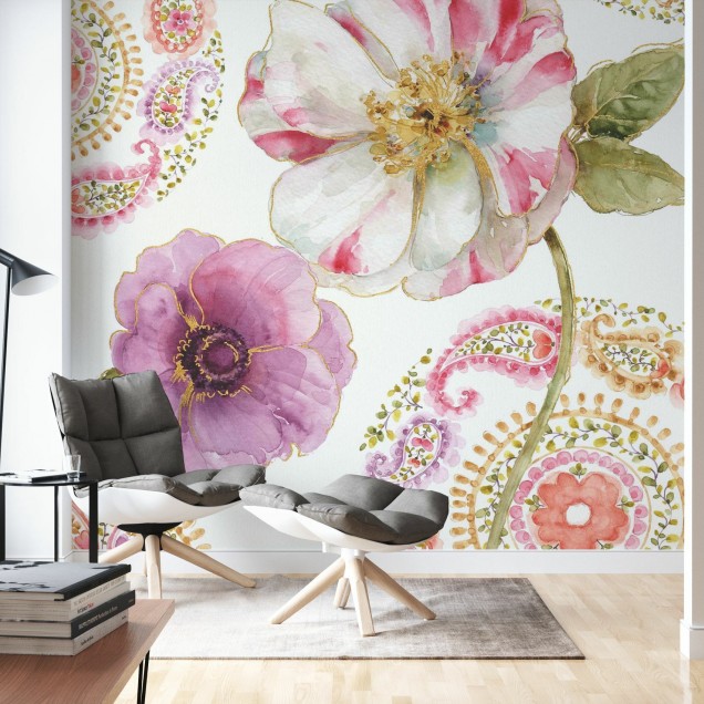 Tapet floral cu flori paisley roz, mov si auriu.