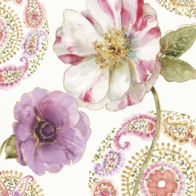 Tapet floral cu flori paisley roz, mov si auriu.