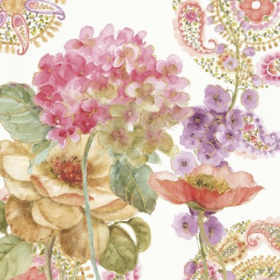 Tapet floral Rainbow Seeds Paisley 2 cu flori roz, mov și galbene pe fundal alb