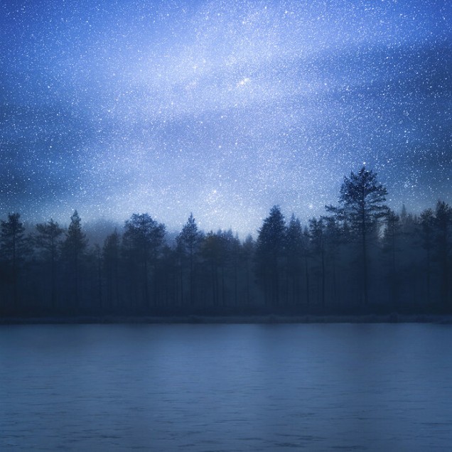 Un Andromeda cu cerul nopții înstelat deasupra unui lac și a unei păduri.