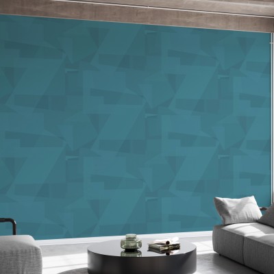 Tapet geometric albastru, cu blocuri și triunghiuri suprapuse, perfect pentru a adăuga un aer contemporan oricărei încăperi.