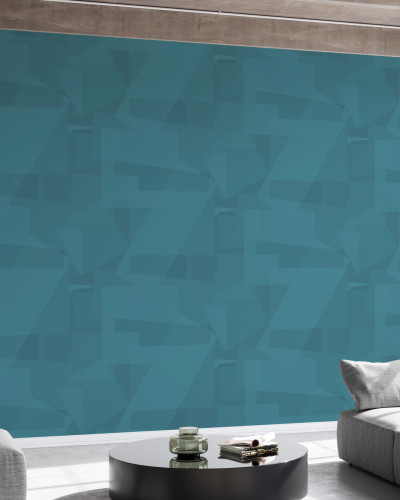 Tapet geometric albastru, cu blocuri și triunghiuri suprapuse, perfect pentru a adăuga un aer contemporan oricărei încăperi.