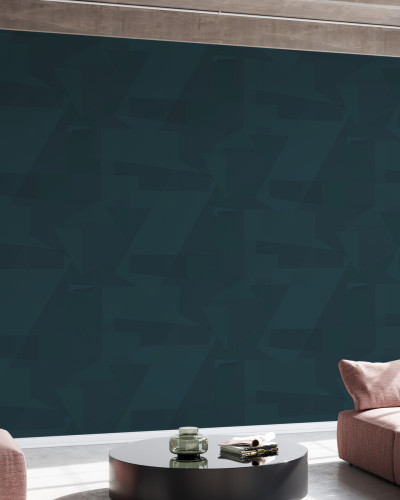 Un tapet cu un design geometric modern in nuanțe de acvamarin închis, perfect pentru un living, un dormitor sau o zonă de lucru.
