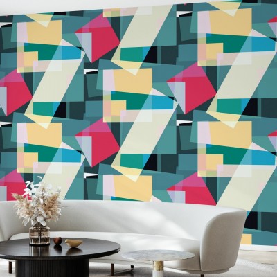 Tapet abstract geometric, culori vibrante, albastru, galben, roz, rosu.