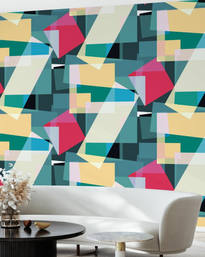 Tapet abstract geometric, culori vibrante, albastru, galben, roz, rosu.