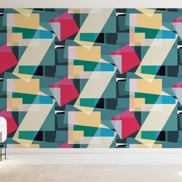 Tapet abstract geometric, culori vibrante, albastru, galben, roz, rosu.