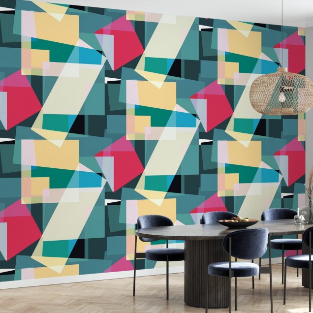 Tapet abstract geometric, culori vibrante, albastru, galben, roz, rosu.
