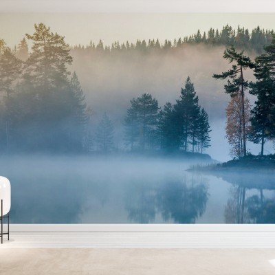 Wallpaper cu o imagine a unui lac învăluit în ceață, cu păduri înalte în jur