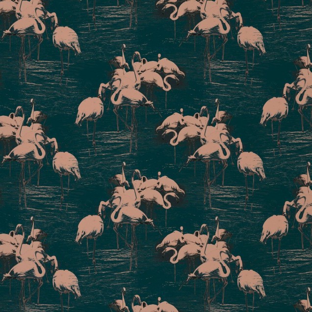 Tapet cu flamingo roz pe fundal verde smarald