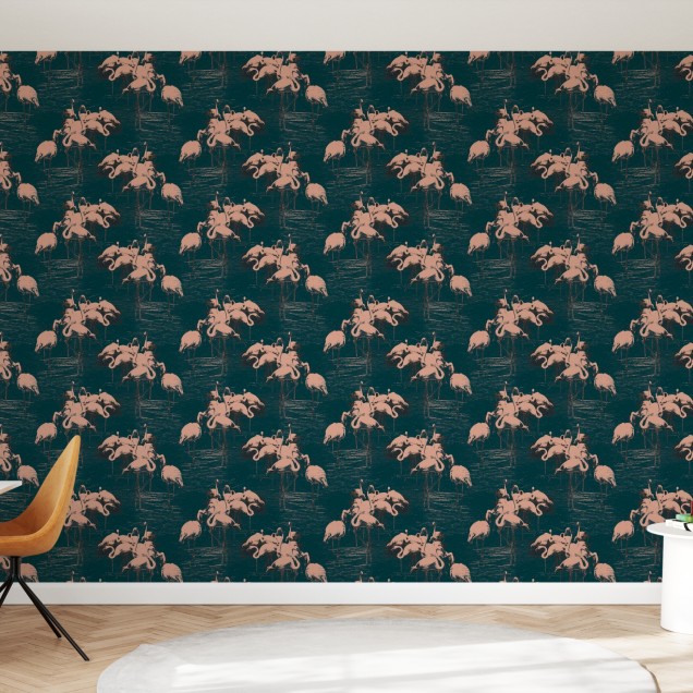 Tapet cu flamingo roz pe fundal verde smarald