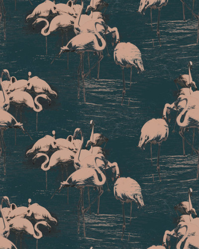 Tapet cu flamingo roz pe fundal verde smarald