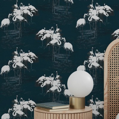 Flamingo White tapet cu flamingo albi pe un fundal albastru