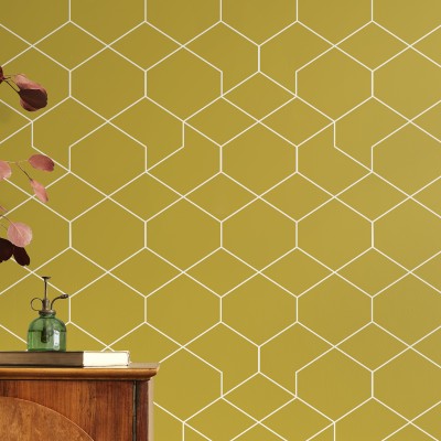 Tapet cu model geometric hexagonal, galben cu linii albe