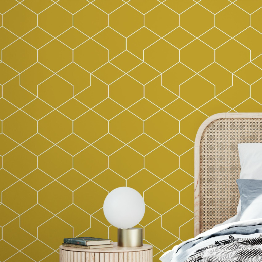 Tapet geometric Honeycomb Blue în albastru pastel cu hexagonuri subtile, ideal pentru living, dormitor, birou sau bucătărie.