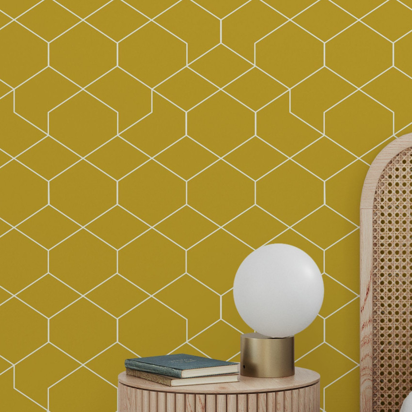 Tapet geometric Honeycomb Blue în albastru pastel cu hexagonuri subtile, ideal pentru living, dormitor, birou sau bucătărie.