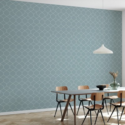 Tapet geometric Honeycomb Blue în albastru pastel cu hexagonuri subtile, ideal pentru living, dormitor, birou sau bucătărie.