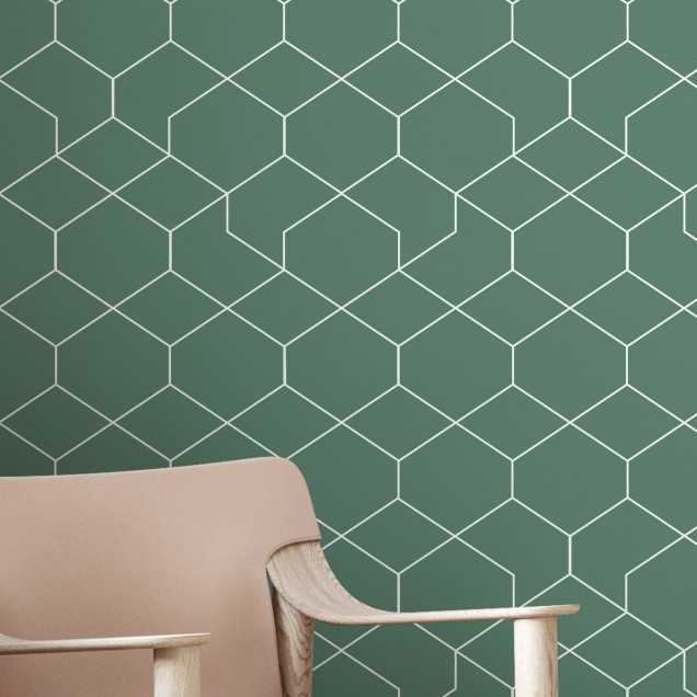 Tapet geometric modern Honeycomb Green, cu linii fine, în nuanțe de verde.