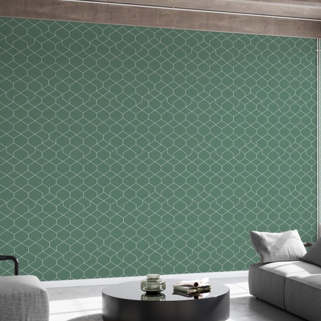 Tapet geometric modern Honeycomb Green, cu linii fine, în nuanțe de verde.