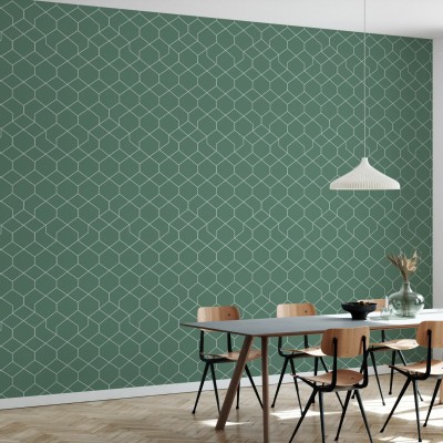 Tapet geometric modern Honeycomb Green, cu linii fine, în nuanțe de verde.