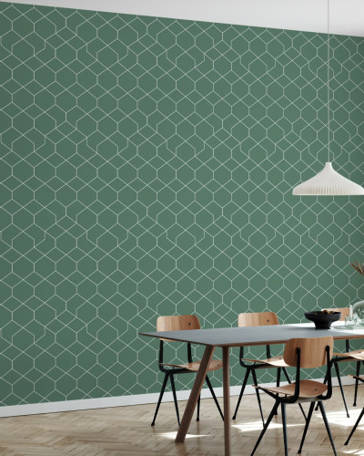 Tapet geometric modern Honeycomb Green, cu linii fine, în nuanțe de verde.